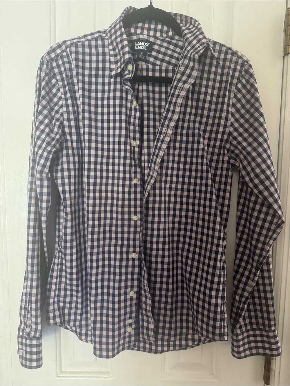 Lands' End Navy and White Gingham Button-Down Shirt